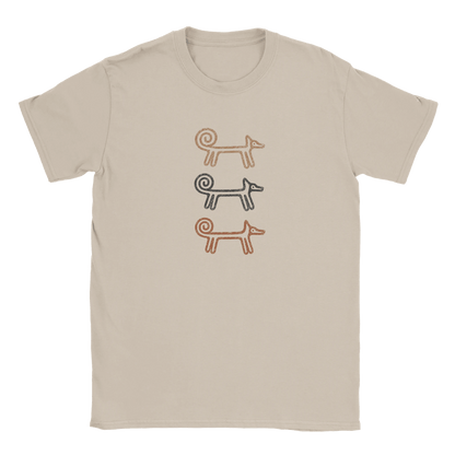 Sand-coloured Dog Totem women's T-shirt with three stacked folk-art dogs
