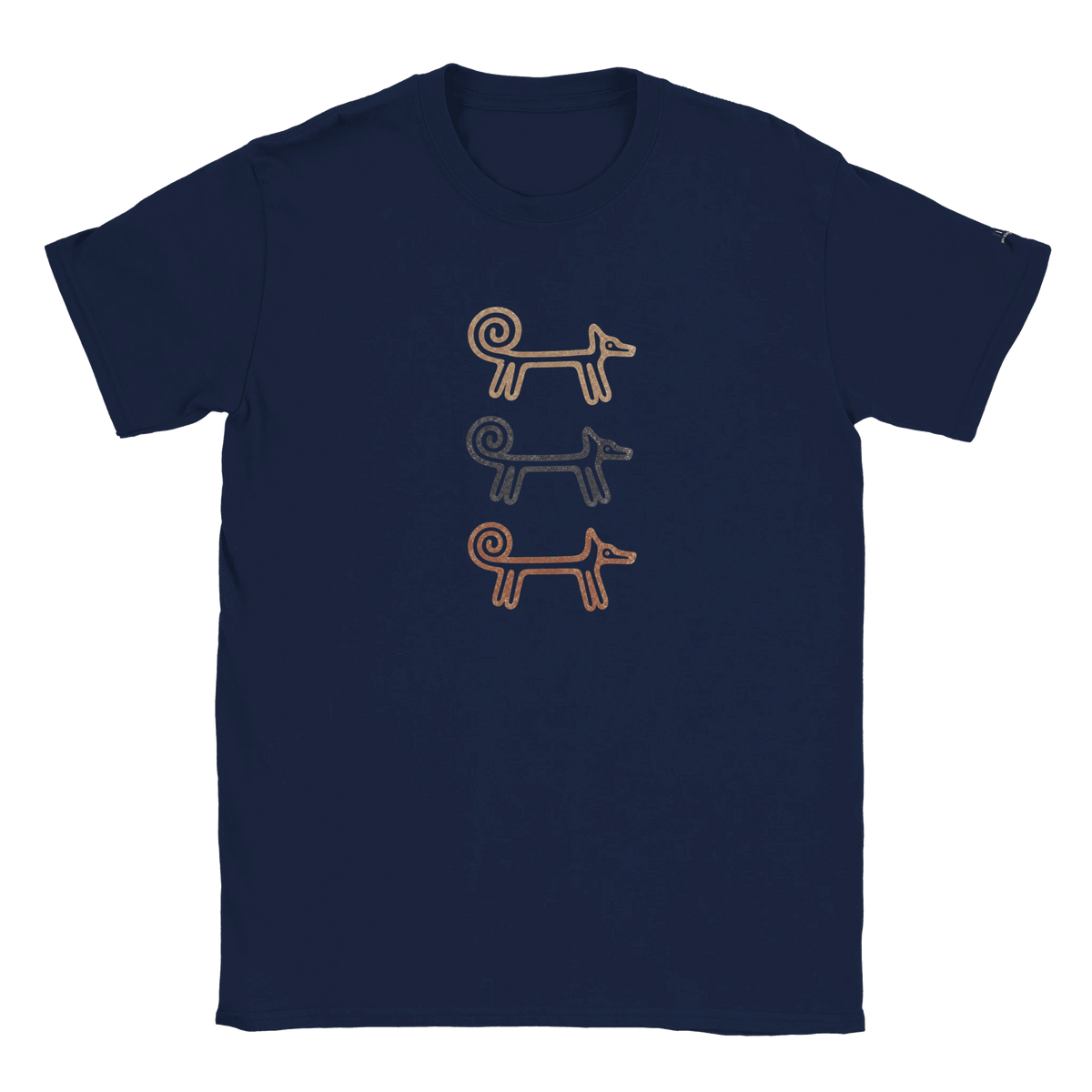 Navy Dog Totem women's T-shirt with three stacked folk-art dogs, flat lay