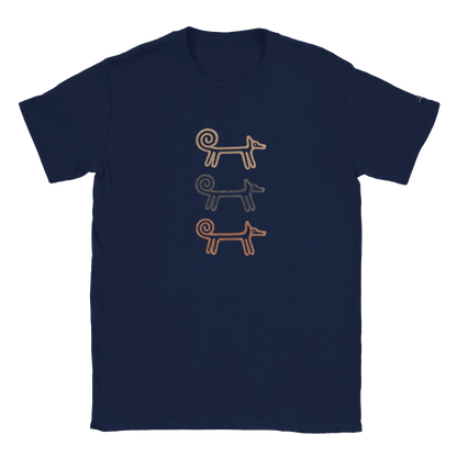 Navy Dog Totem women's T-shirt with three stacked folk-art dogs, flat lay