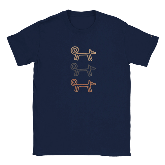 Navy Dog Totem women's T-shirt with three stacked folk-art dogs, flat lay