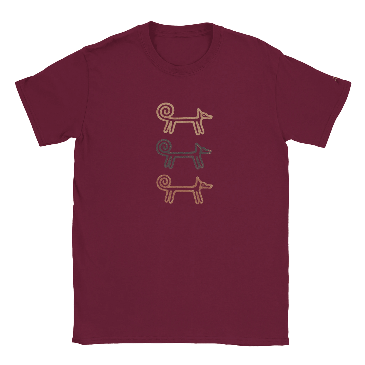 Maroon Dog Totem women's T-shirt with three stacked folk-art dogs