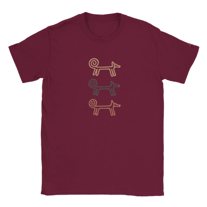Maroon Dog Totem women's T-shirt with three stacked folk-art dogs