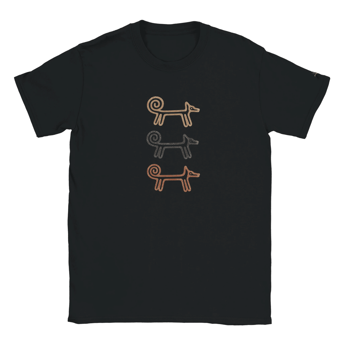 Black Dog Totem women's T-shirt with three stacked folk-art dogs