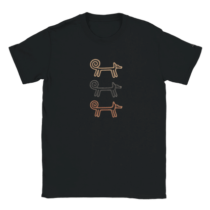 Black Dog Totem women's T-shirt with three stacked folk-art dogs