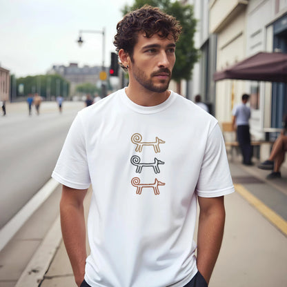 Man on a town street wearing the white Dog Totem men's T-shirt