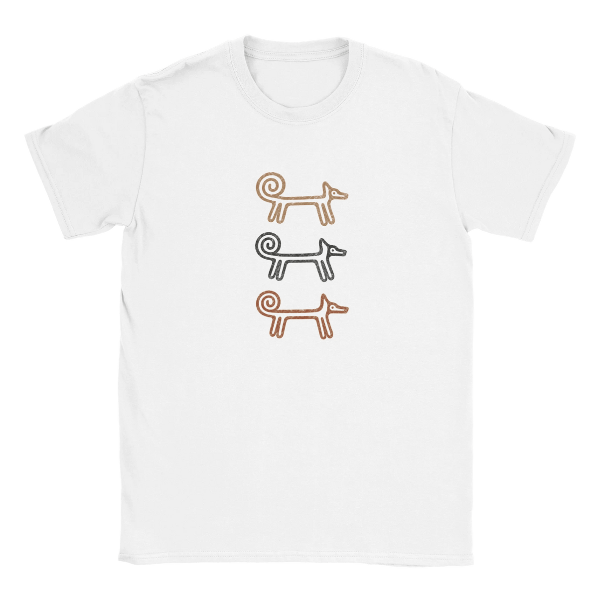 White Dog Totem men's T-shirt with three stacked folk-art dogs, flat lay