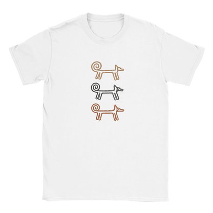 White Dog Totem men's T-shirt with three stacked folk-art dogs, flat lay
