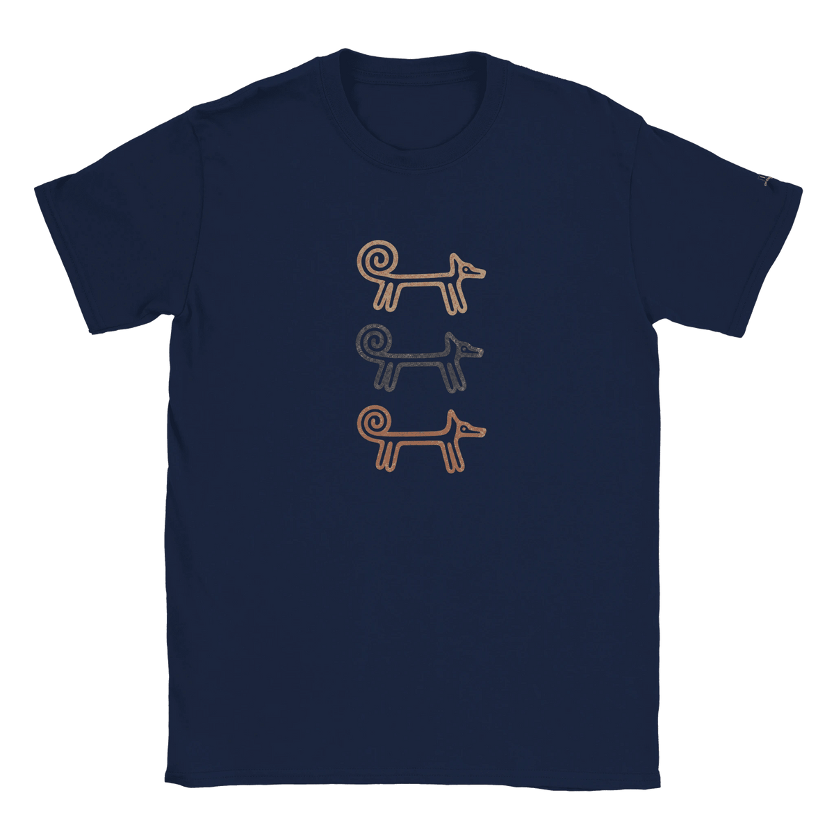 Navy Dog Totem men's T-shirt with three stacked folk-art dogs