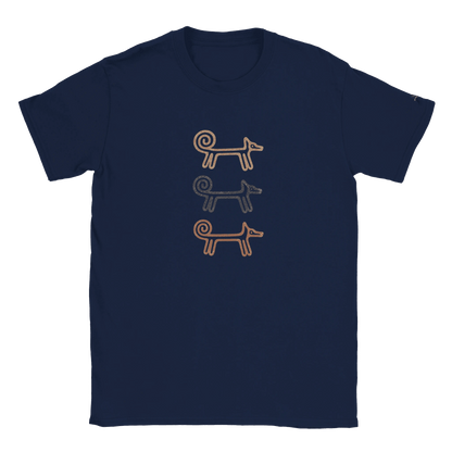 Navy Dog Totem men's T-shirt with three stacked folk-art dogs