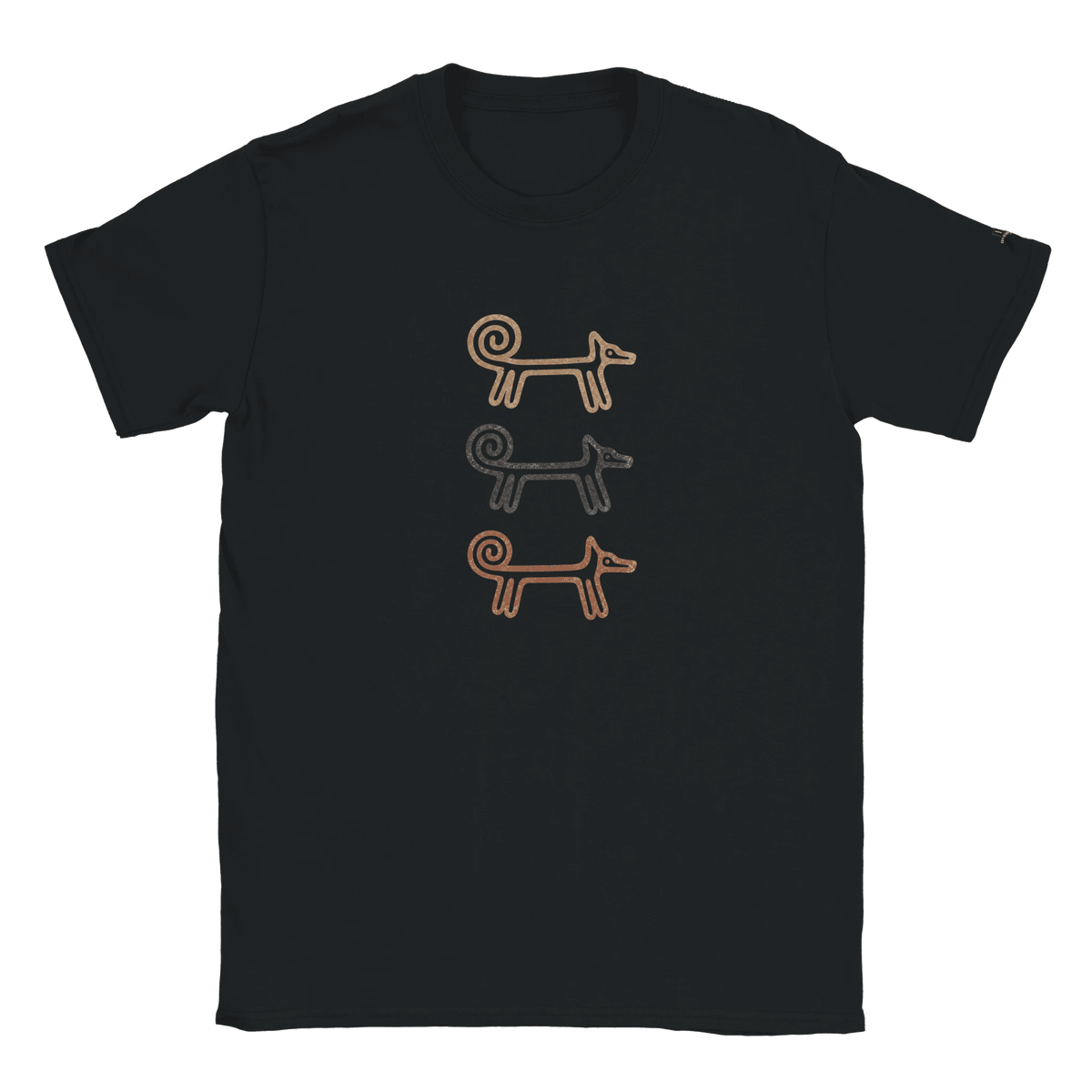 Black Dog Totem men's T-shirt with three stacked folk-art dogs