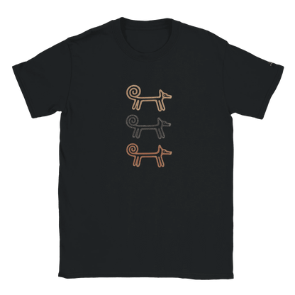 Black Dog Totem men's T-shirt with three stacked folk-art dogs