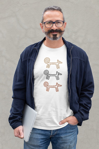 Bearded man wearing a navy jacket over the white Dog Totem men's T-shirt