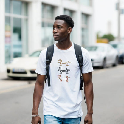 Man with a rucksack walking in the white Dog Totem men's T-shirt
