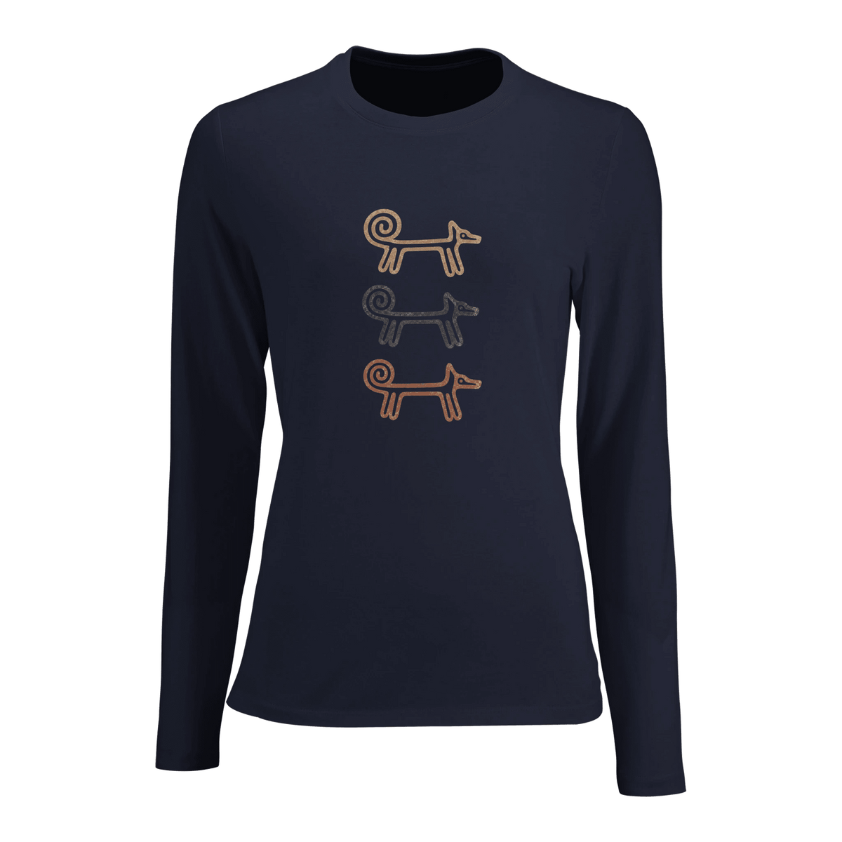 Navy Dog Totem women's long sleeve T-shirt with three stacked folk-art dogs