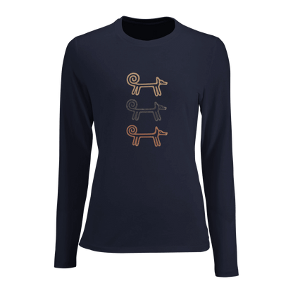 Navy Dog Totem women's long sleeve T-shirt with three stacked folk-art dogs