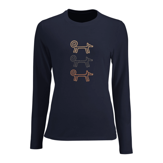Navy Dog Totem women's long sleeve T-shirt with three stacked folk-art dogs
