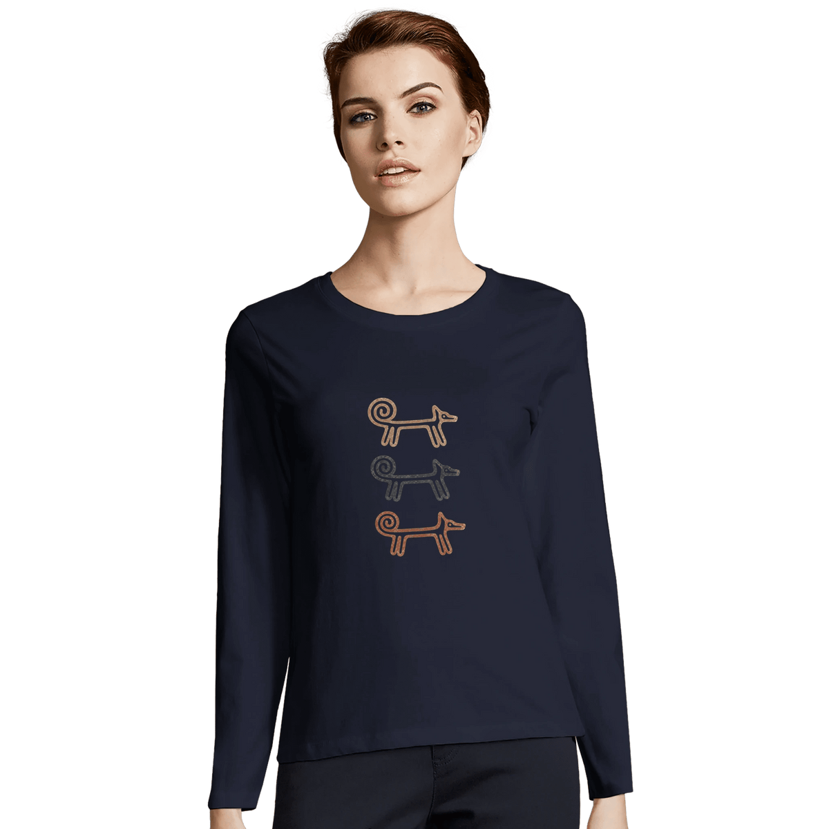 Model in the navy Dog Totem women's long sleeve T-shirt, front view