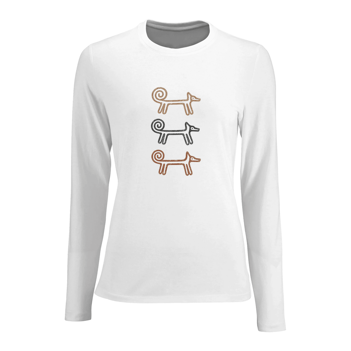 White Dog Totem women's long sleeve T-shirt with three stacked folk-art dogs