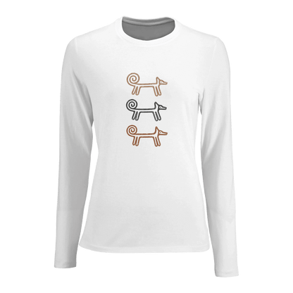 White Dog Totem women's long sleeve T-shirt with three stacked folk-art dogs
