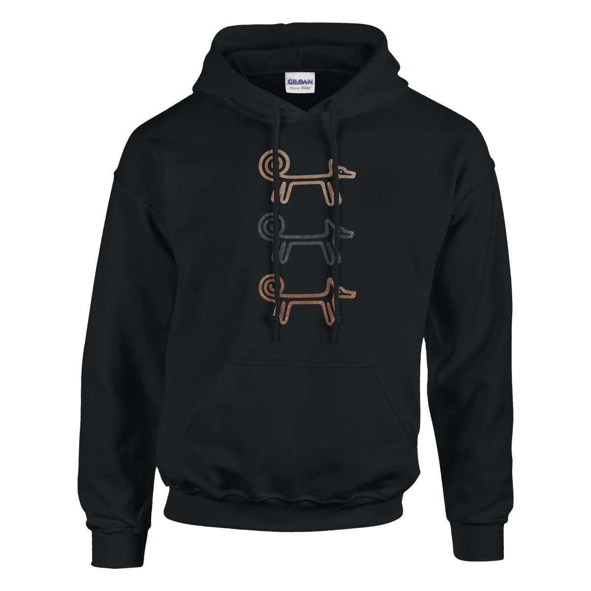 Black Dog Totem women's hoodie with three stacked folk-art dogs