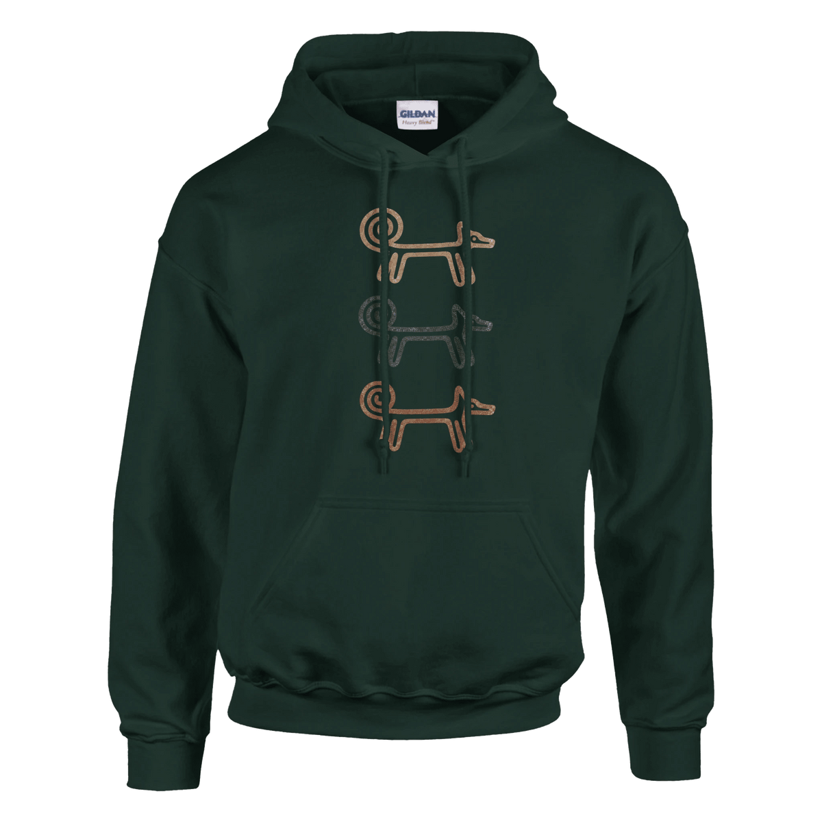 Forest green Dog Totem women's hoodie with three stacked folk-art dogs