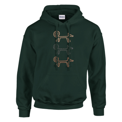 Forest green Dog Totem women's hoodie with three stacked folk-art dogs