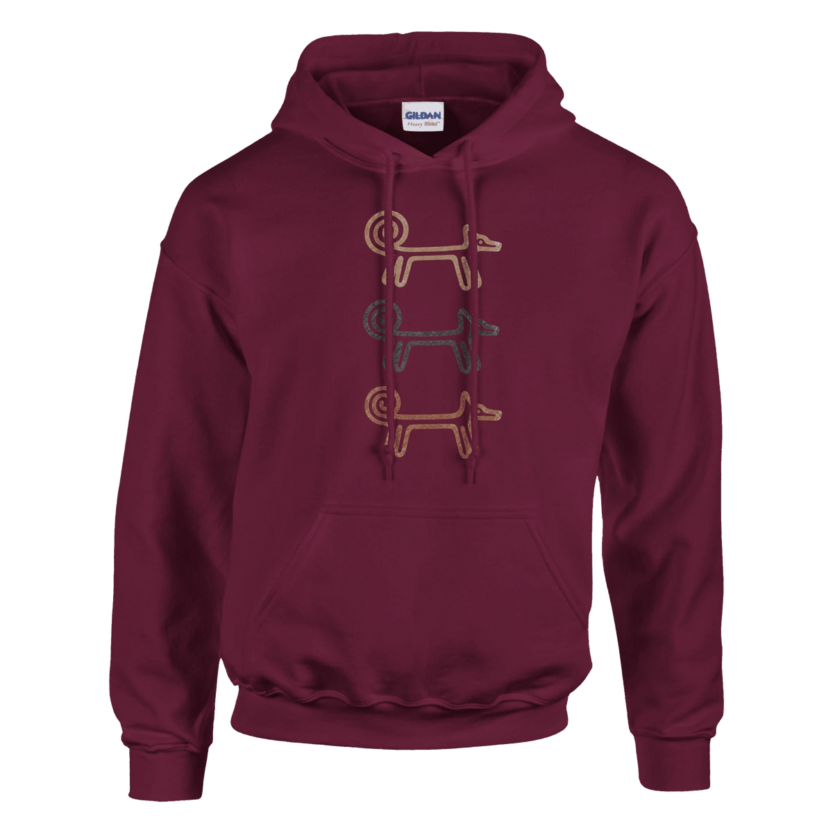 Maroon Dog Totem women's pullover hoodie with three stacked folk-art dogs