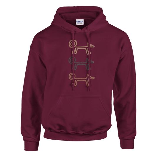 Maroon Dog Totem women's pullover hoodie with three stacked folk-art dogs