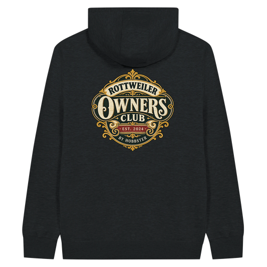 Rottweiler Owners Club men's zip hoodie in Black, back view with the Rottweiler crest