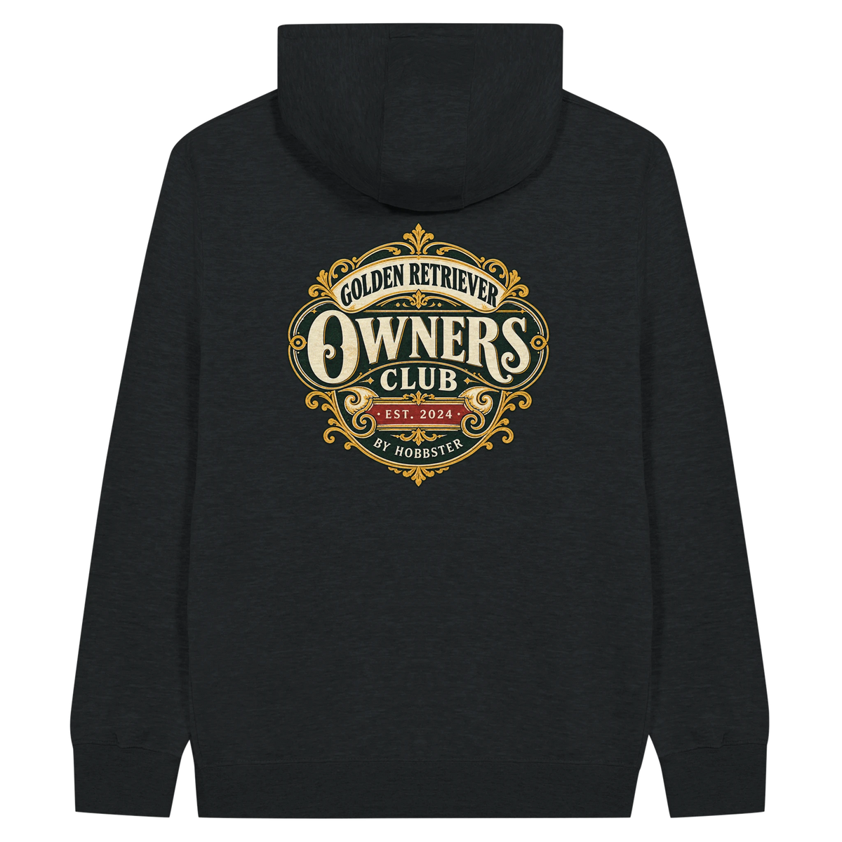 Golden Retriever Owners Club men's zip hoodie in Black, back view with the Golden Retriever crest