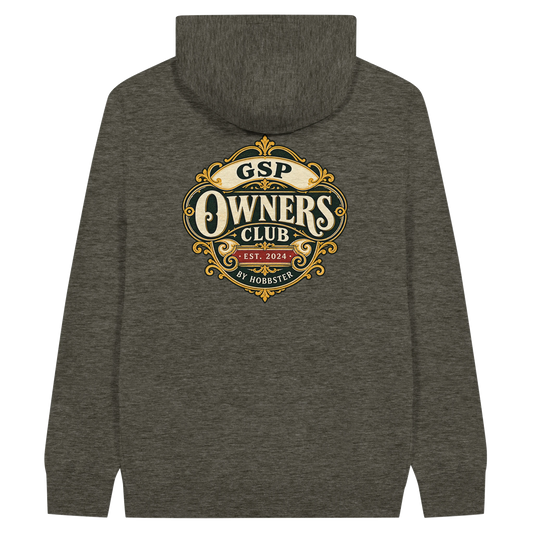 German Shorthaired Pointer Owners Club men's zip hoodie in Charcoal Heather, back view with the German Shorthaired Pointer crest