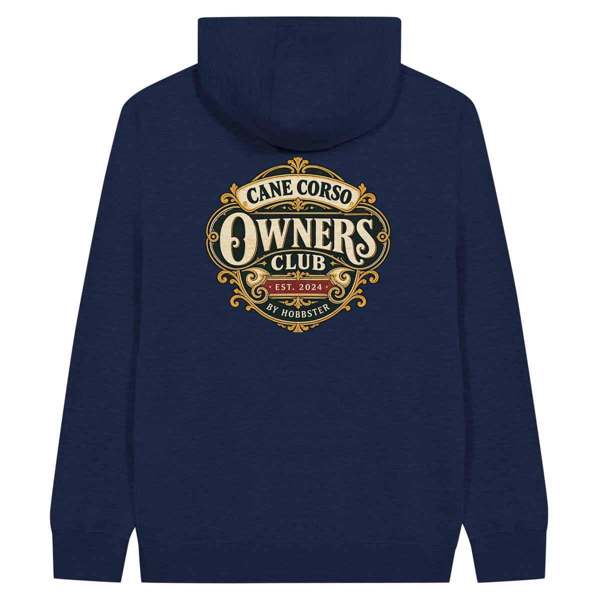 Cane Corso Owners Club men's zip hoodie in Navy, back view with the Cane Corso crest