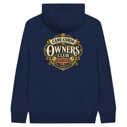 Cane Corso Owners Club men's zip hoodie in Navy, back view with the Cane Corso crest