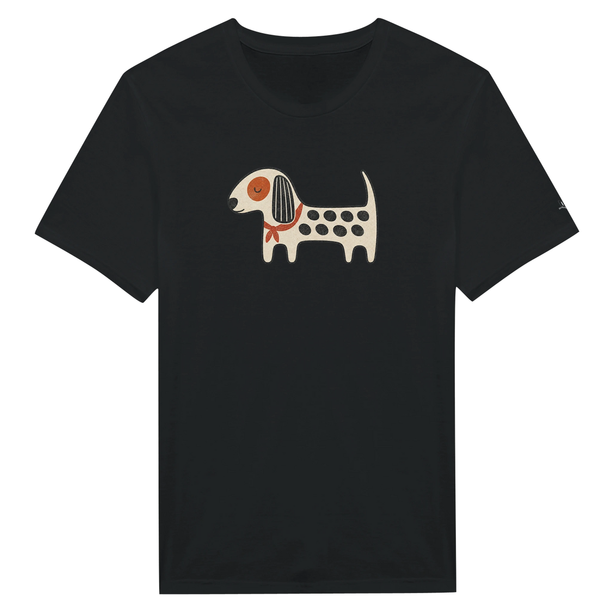 Black Kawaii Dog women's T-shirt with a cream spotted dog wearing a red neckerchief
