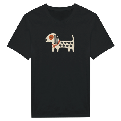 Black Kawaii Dog women's T-shirt with a cream spotted dog wearing a red neckerchief