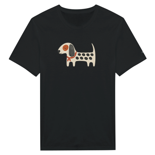 Black Kawaii Dog women's T-shirt with a cream spotted dog wearing a red neckerchief