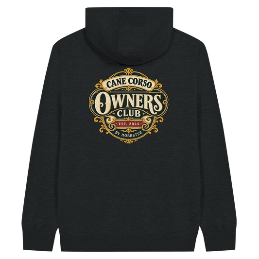 Cane Corso Owners Club men's zip hoodie in Black, back view with the Cane Corso crest