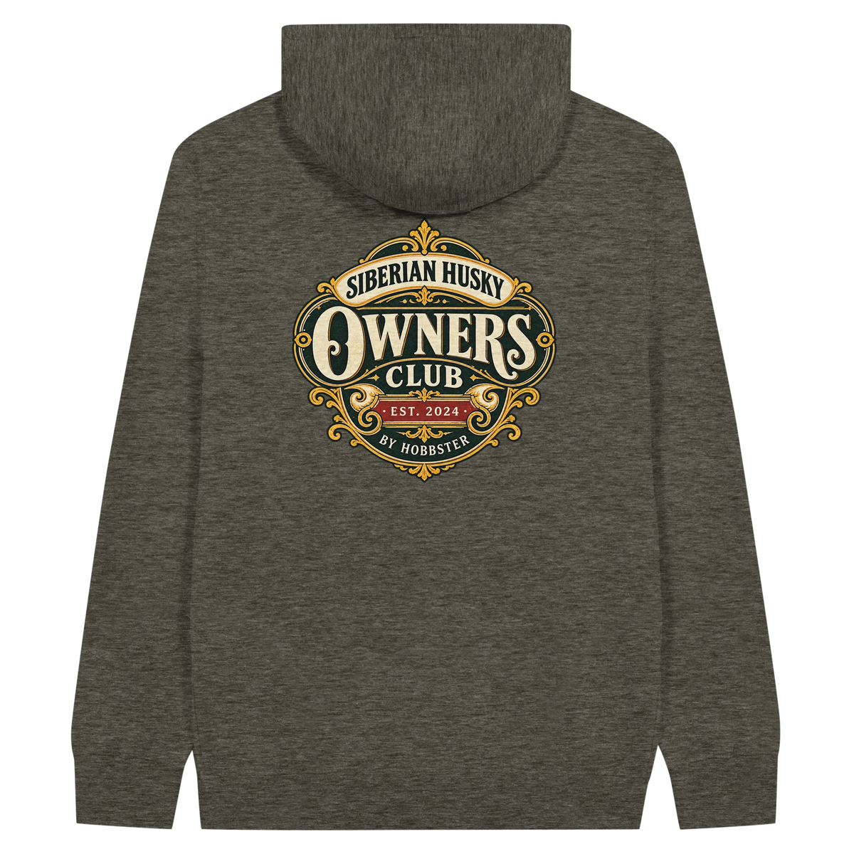 Siberian Husky Owners Club men's zip hoodie in Charcoal Heather, back view with the Siberian Husky crest