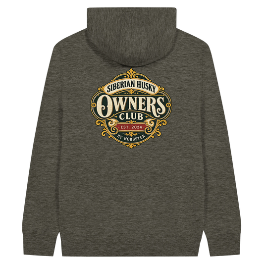 Siberian Husky Owners Club men's zip hoodie in Charcoal Heather, back view with the Siberian Husky crest