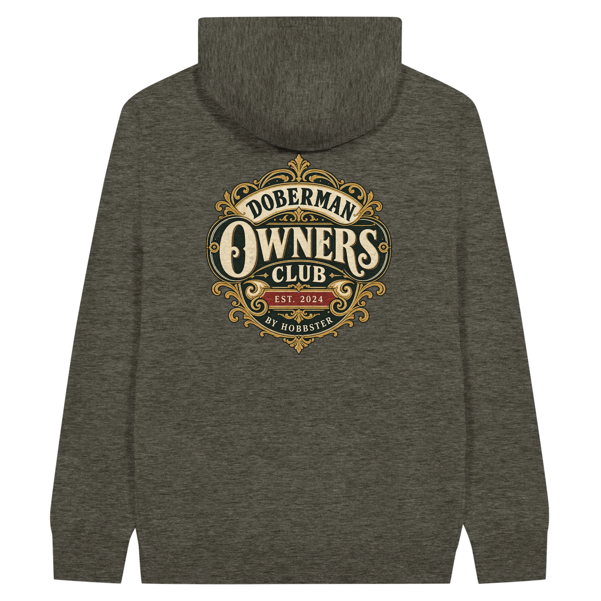 Doberman Owners Club men's zip hoodie in Charcoal Heather, back view with the Doberman crest