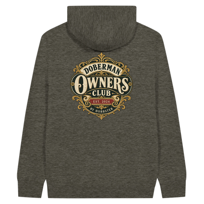 Doberman Owners Club men's zip hoodie in Charcoal Heather, back view with the Doberman crest