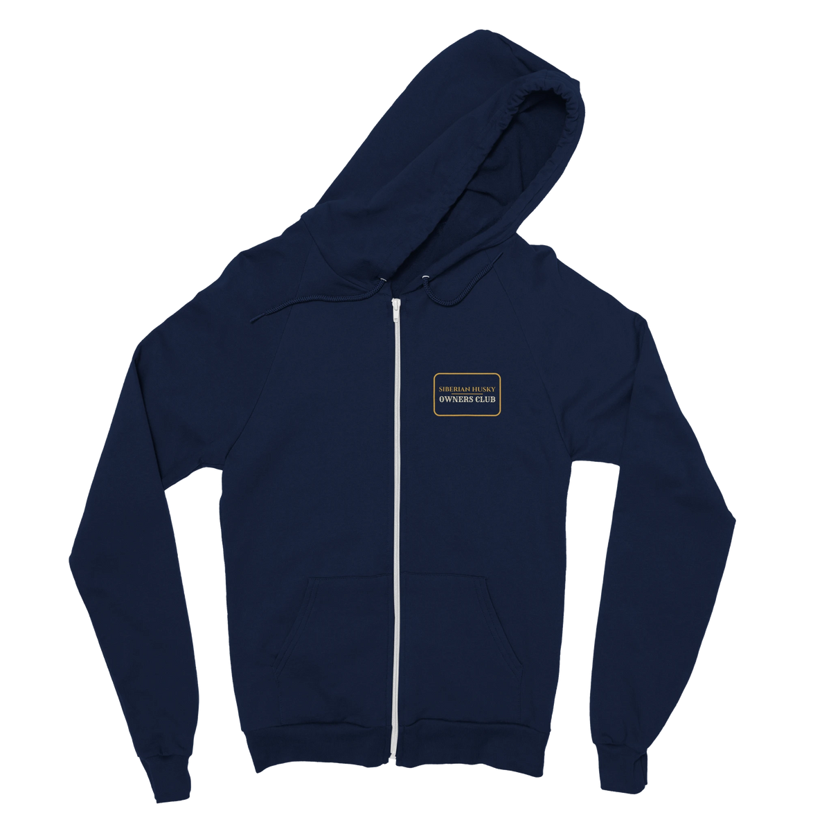 Siberian Husky Owners Club women's zip hoodie in Navy, front view with the gold-outlined chest badge