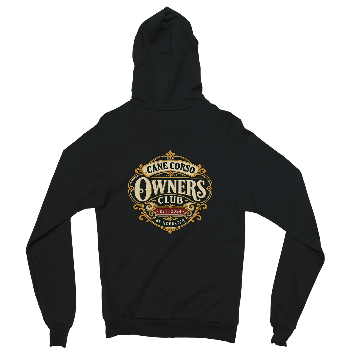 Cane Corso Owners Club women's zip hoodie in Black, back view with the Cane Corso crest