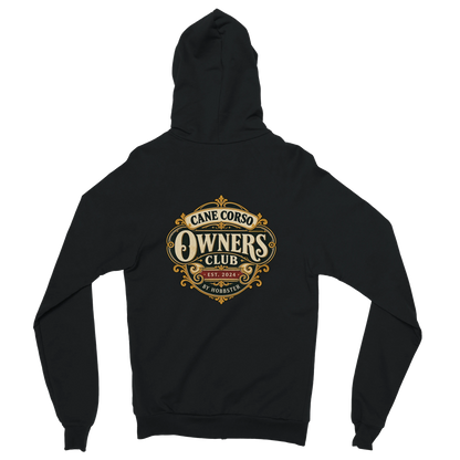 Cane Corso Owners Club women's zip hoodie in Black, back view with the Cane Corso crest