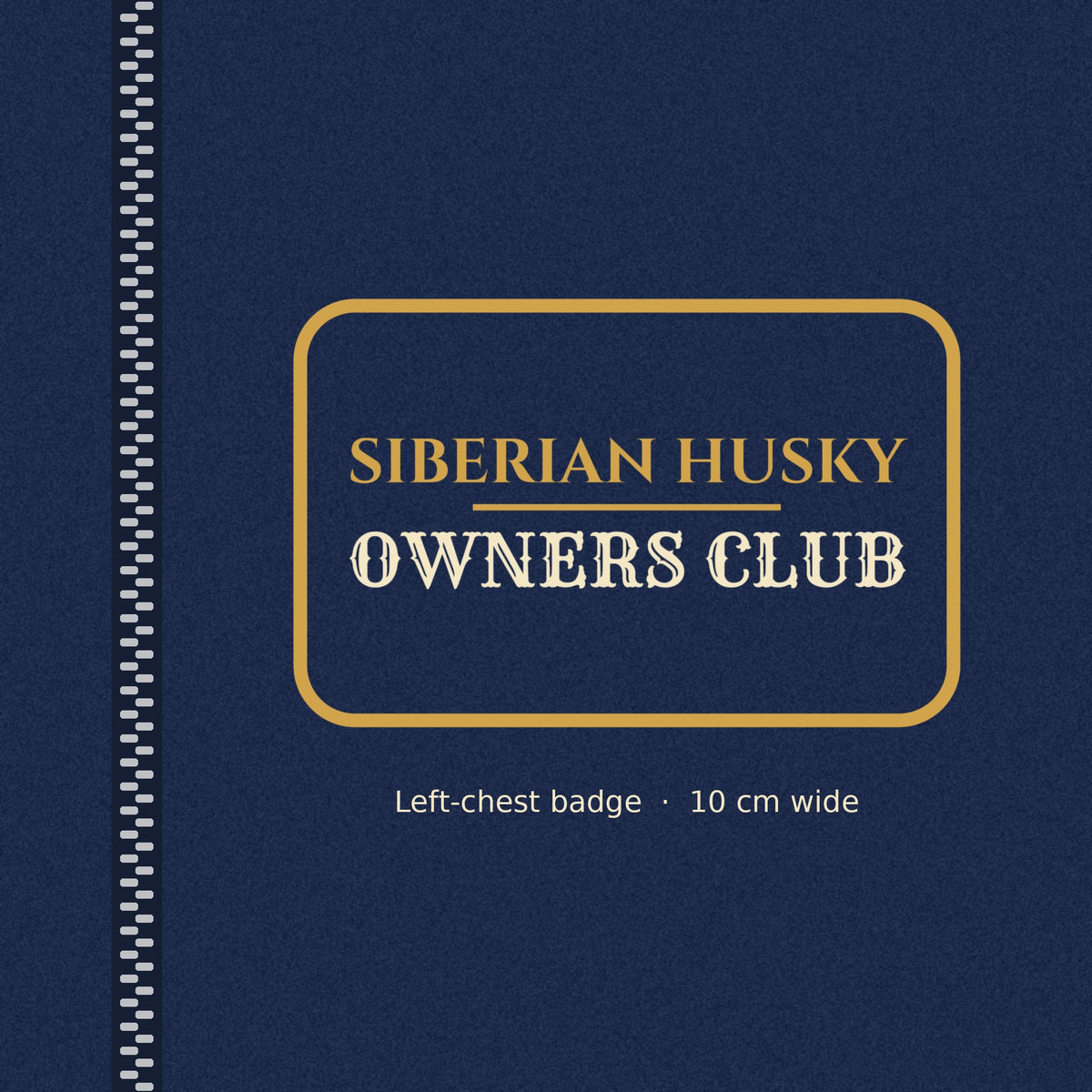 Close-up of the gold-outlined Siberian Husky Owners Club badge on the left chest of the women's zip hoodie
