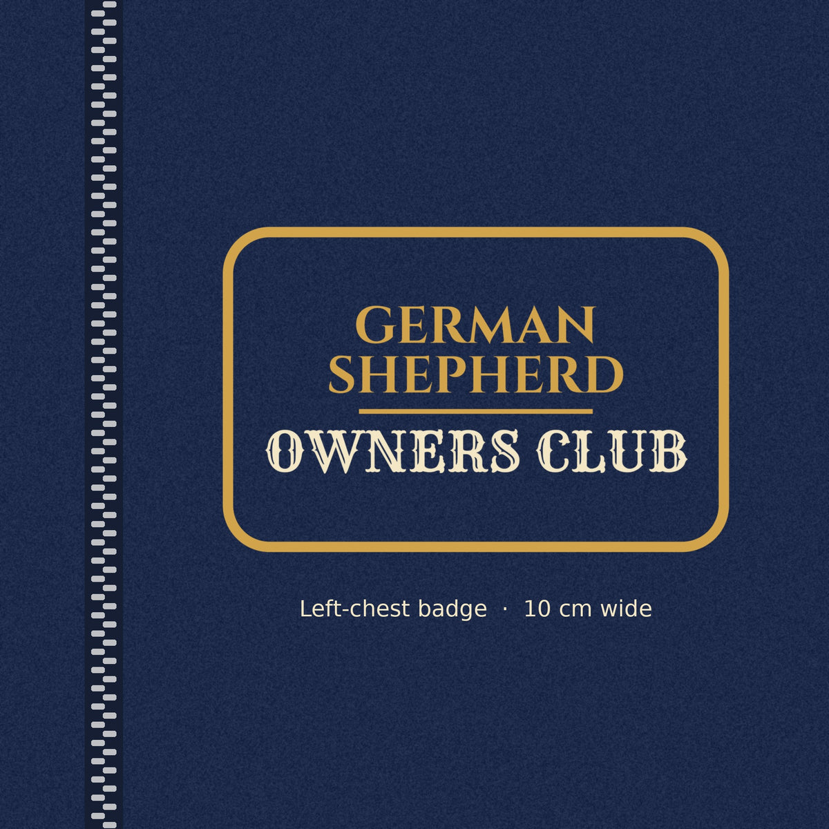 Close-up of the gold-outlined German Shepherd Owners Club badge on the left chest of the men's zip hoodie
