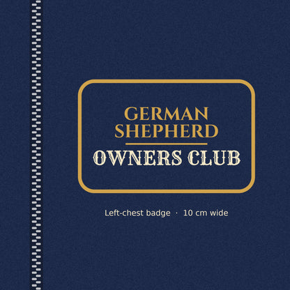 Close-up of the gold-outlined German Shepherd Owners Club badge on the left chest of the men's zip hoodie