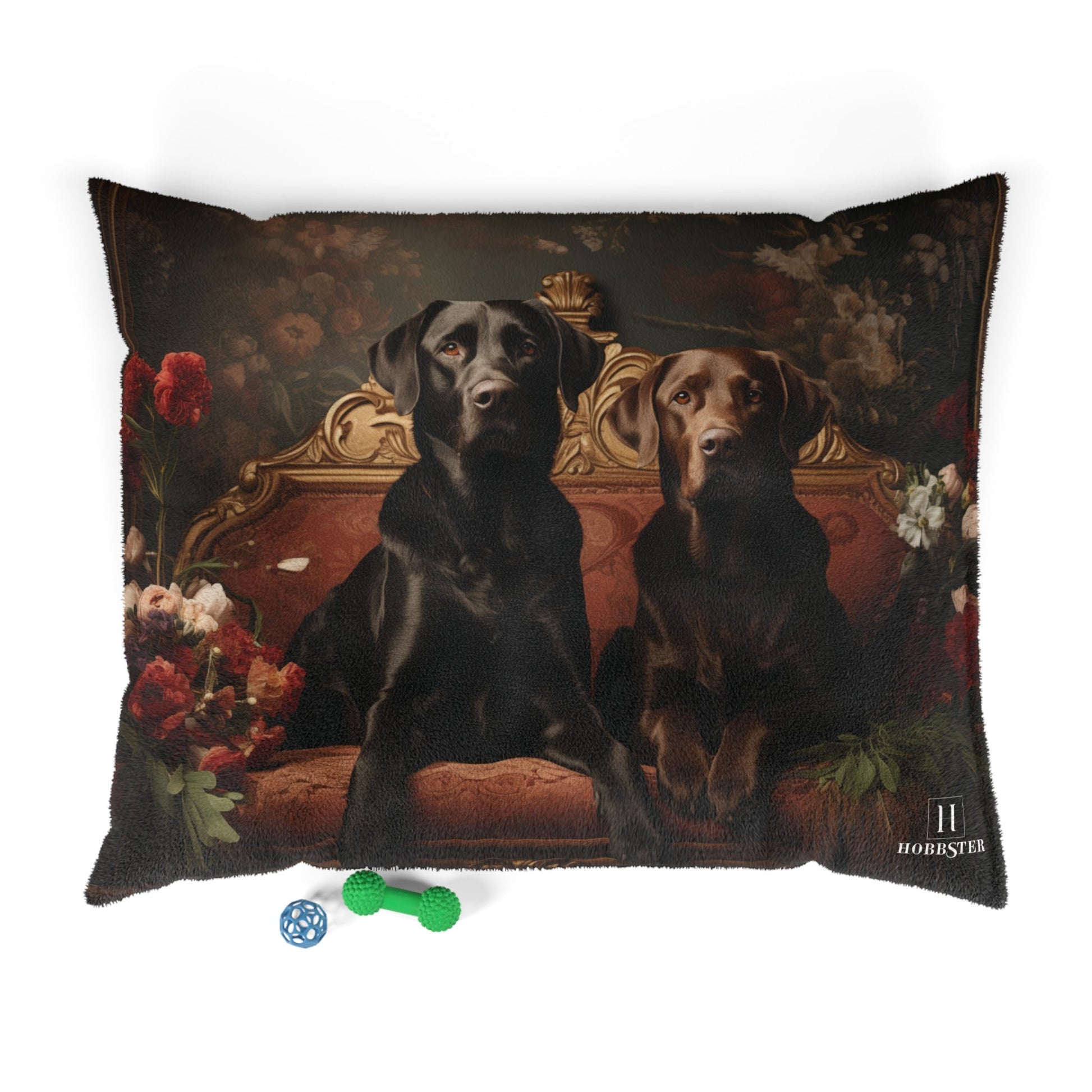 Fleece Dog Bed in Brown Featuring Flower Art Deco Labrador Design - Hobbster