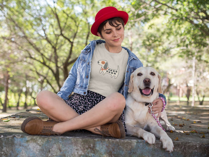 Woman in the sand Kawaii Dog T-shirt sitting in a park with her Golden Retriever