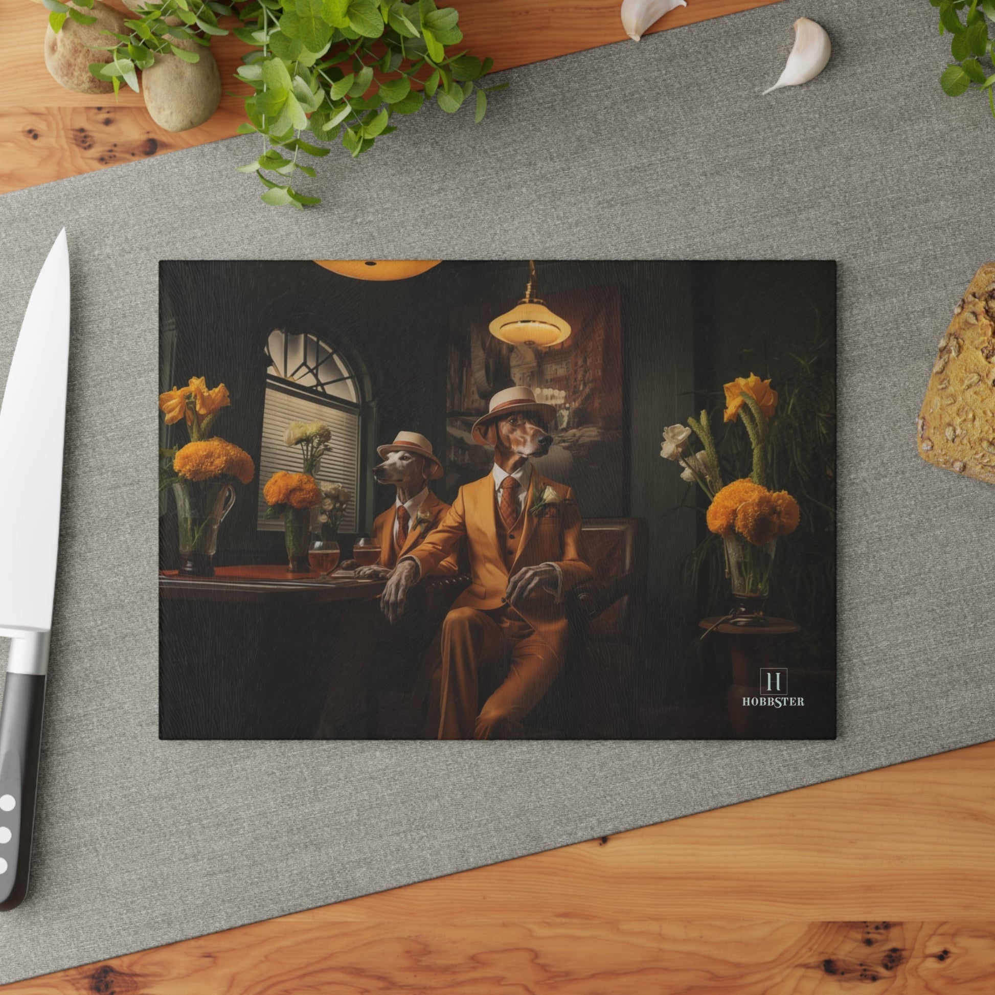 Glass Cutting Board featuring Art Deco Greyhound Design - Hobbster